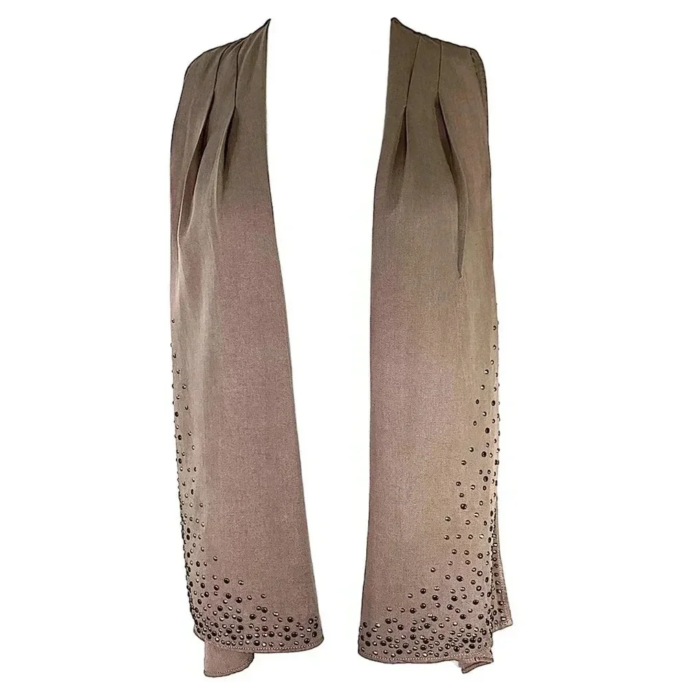 Cache Silk Blend Sleeveless Open Front Studded Vest Women Size M Brown Waterfall